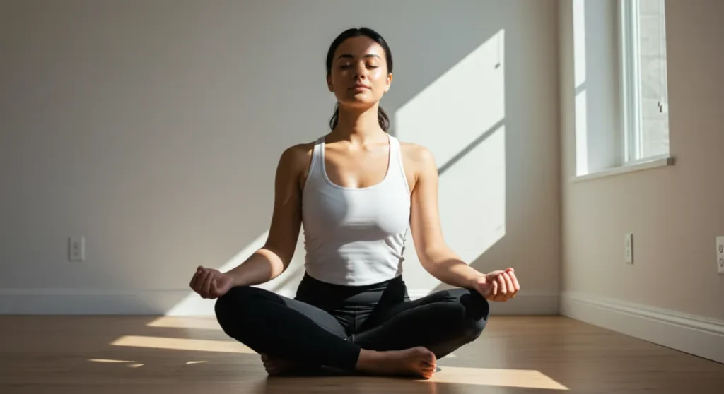 Woman meditating. Yoga for self-discipline and mindfulness. Peaceful scene.