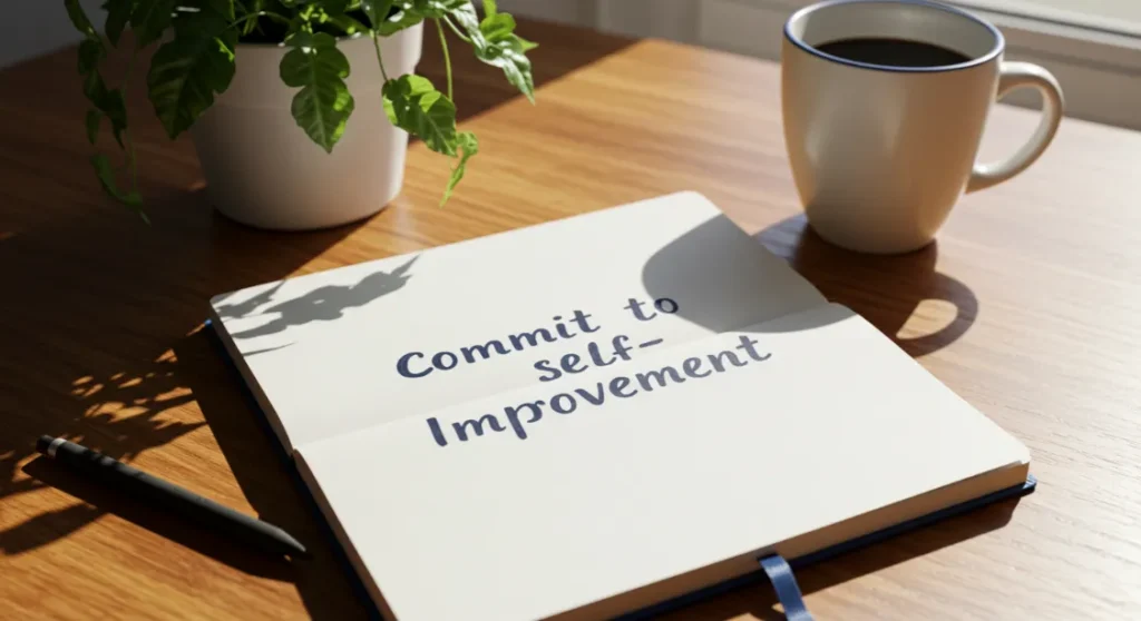 "Commit to Self-Improvement" written in a journal with coffee, pen, and plant on a wooden desk.