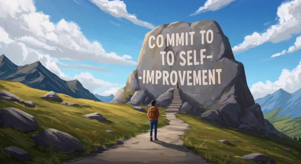 Man walking towards a "Commit to Self-Improvement" rock with stairway. Personal growth concept.