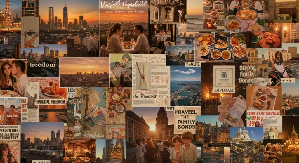 Vision board collage featuring travel, food, relationships, and career goals. Inspiring lifestyle aspirations.