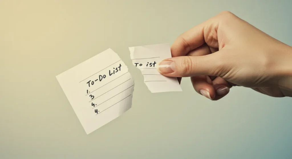 Hand tearing a to-do list in half. Productivity, time management.