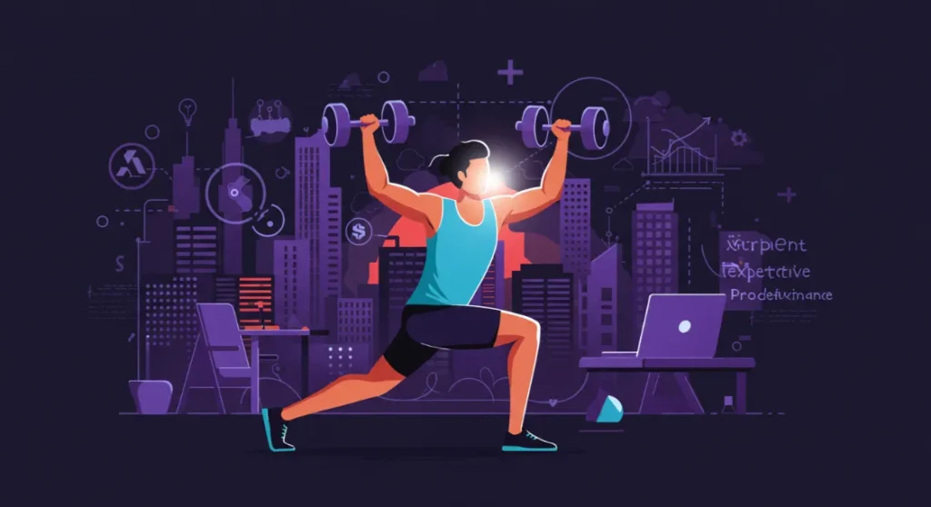 Exercise improves productivity. Person lifting weights with city and office background.