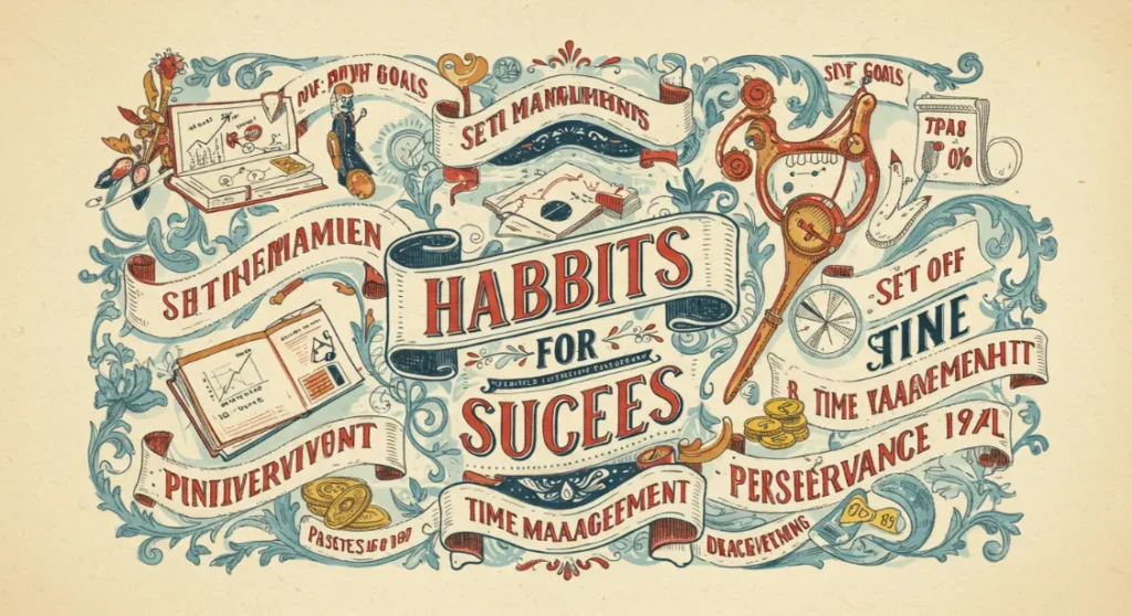 Habits for Success illustration: includes goal setting, time management, perseverance.