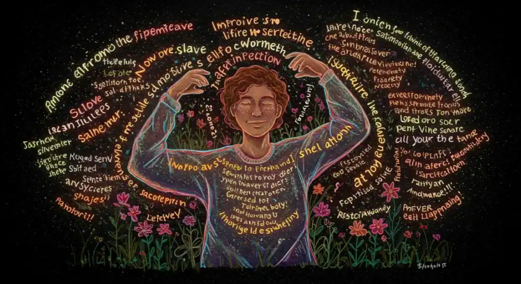 Woman surrounded by words, a colorful illustration about self-perception.