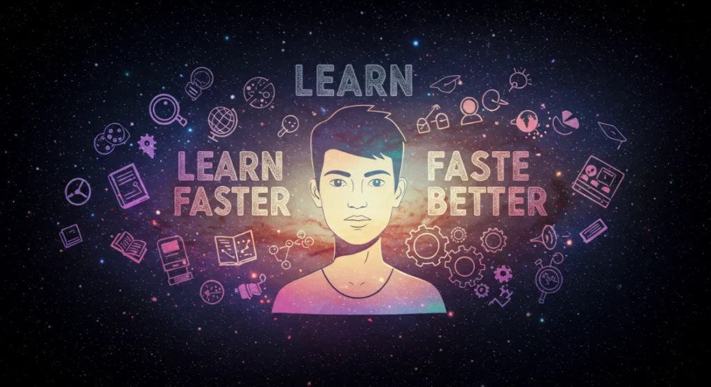 Learn Faster and Better image featuring a person surrounded by learning icons.