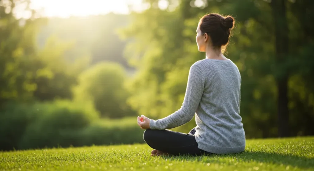 Woman meditating outdoors in lotus pose for stress relief.