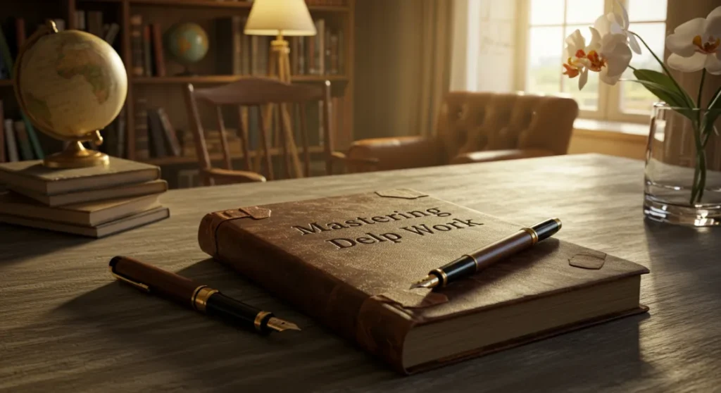 Mastering Deep Work book with pens on desk, in library setting.