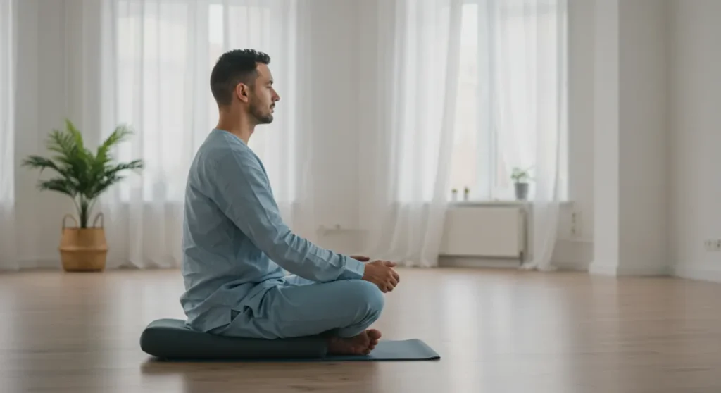 Man meditating in lotus position for productivity. Mindfulness practice.