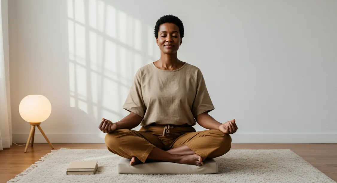 Woman meditating cross-legged for focus and productivity.