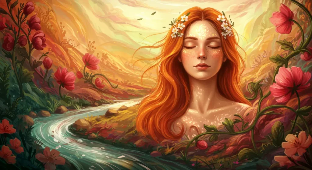 Mindfulness artwork: Woman with flowers meditating by a stream, present moment illustration.