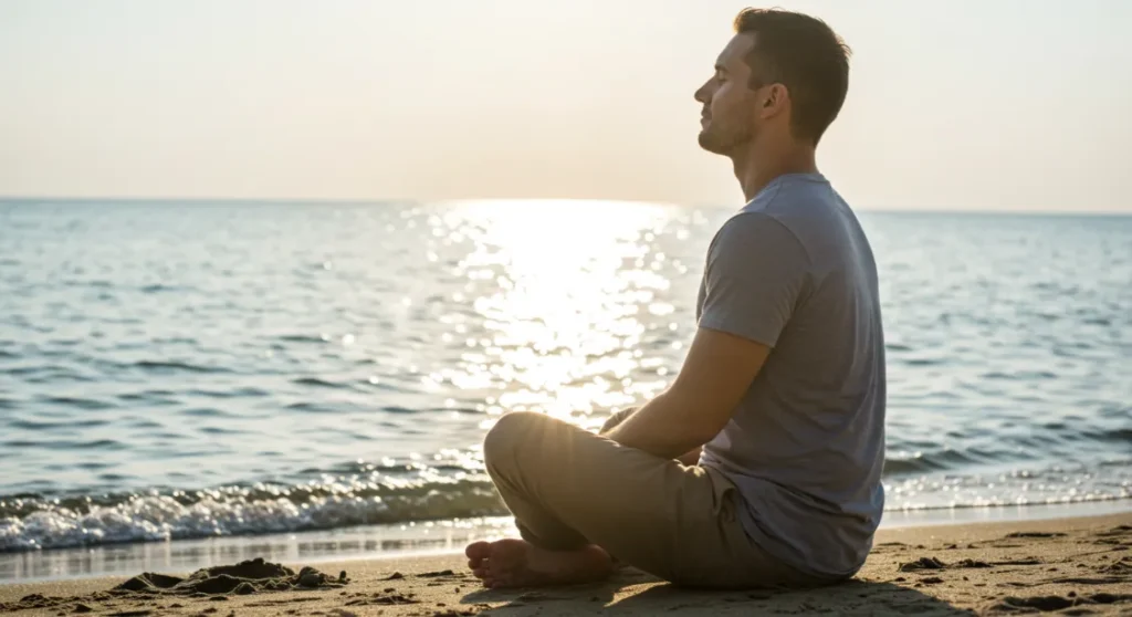 Man meditating in lotus position on beach at sunrise. Mindfulness concept.