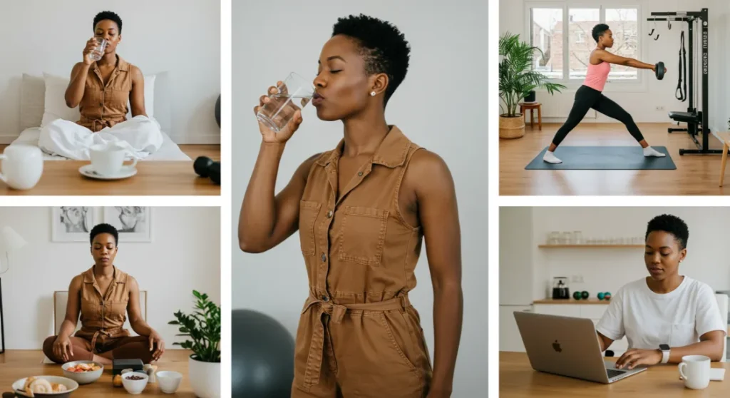 Woman's healthy morning routine: water, meditation, exercise, breakfast, and work.