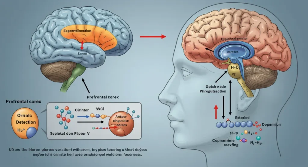 Illustration of human brain pathways related to focus.