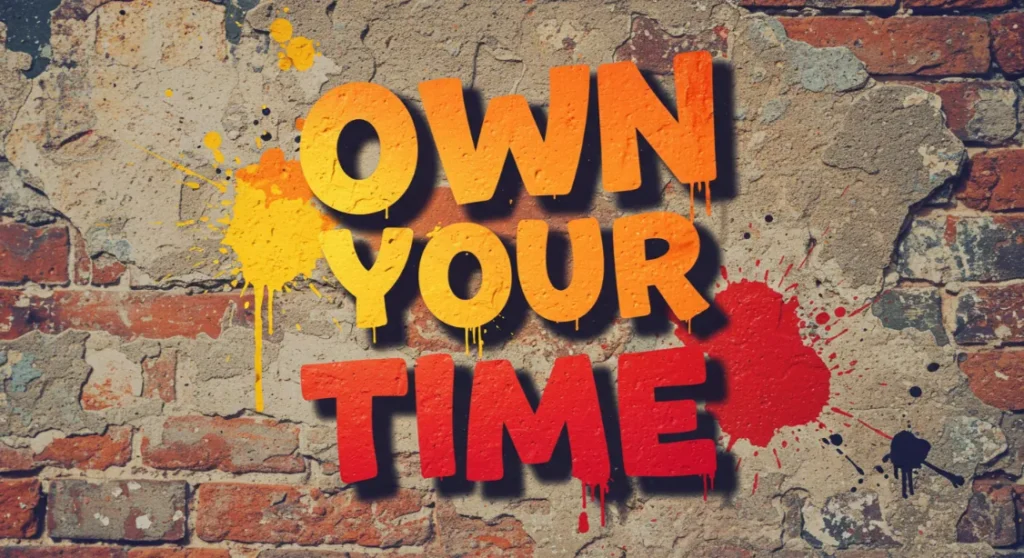 Own Your Time graffiti-style lettering on a textured brick wall background with paint splatters.