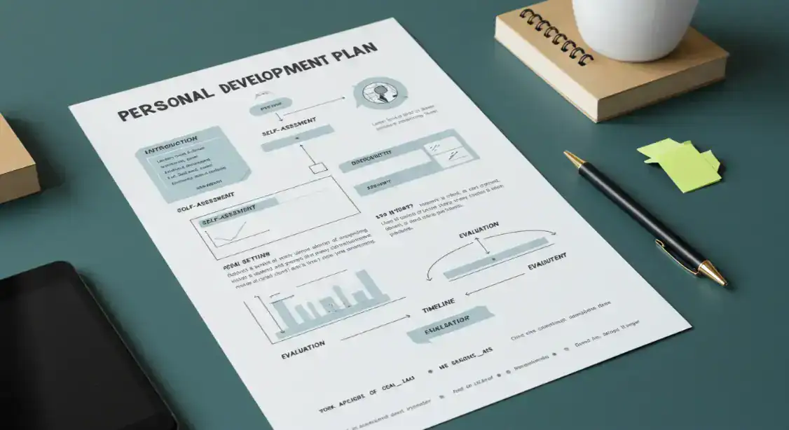 Personal development planning template with goals, action steps, habit tracking, and weekly reflection prompts