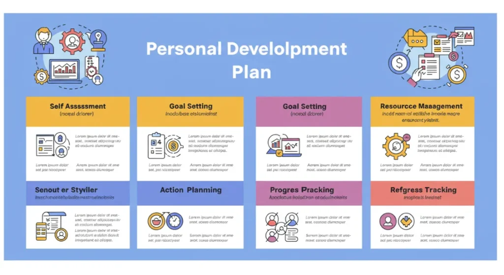 Personal Development Plan infographic. Self-assessment, goal setting, resource management, tracking icons.