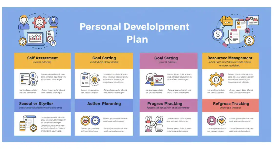 Personal development roadmap with focus areas, weekly actions, review checkpoints, and habit tracking