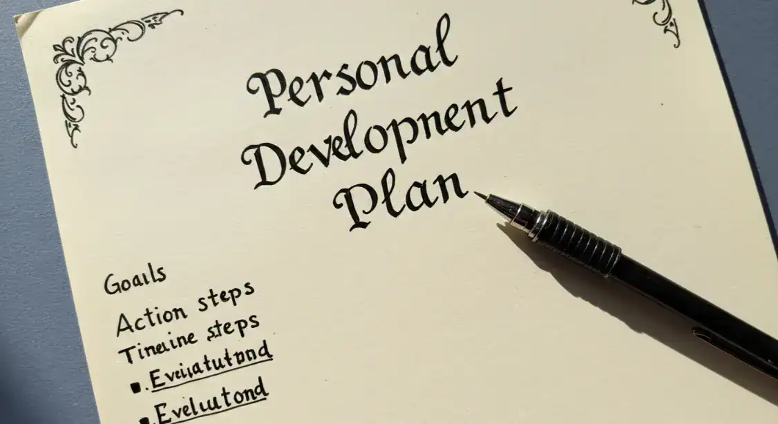 Personal development plan worksheet showing goals, habits, milestones, and weekly review steps