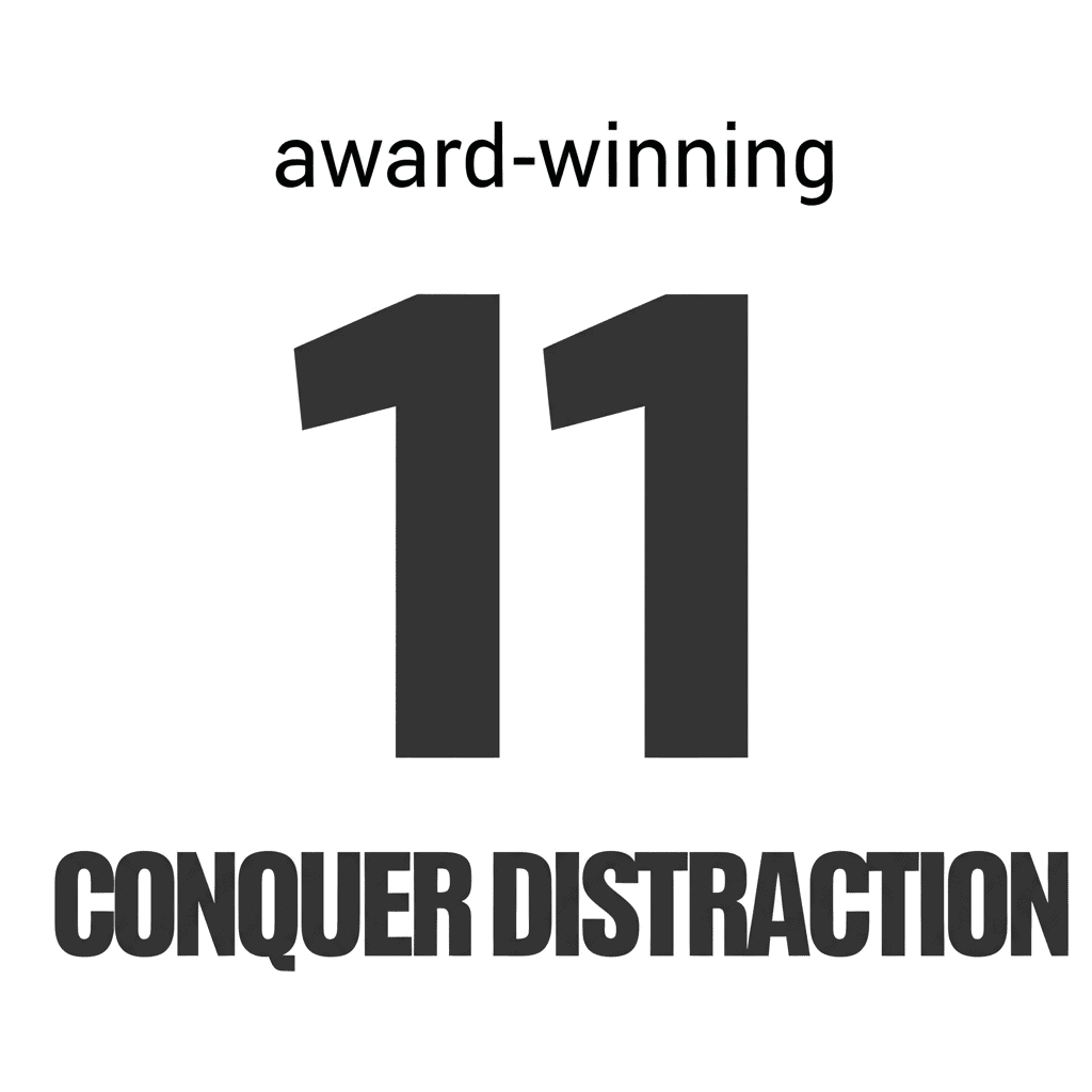 Premium award-winning realistic photo with prominent text conquer distraction 11 as the main focus bold text clean design readable font ultra-moder...