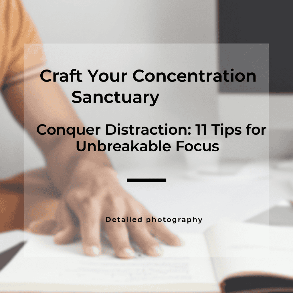 Premium realistic photo showing 1 Craft Your Concentration Sanctuary relating to Conquer Distraction 11 Tips for Unbreakable Focus detailed photogr...