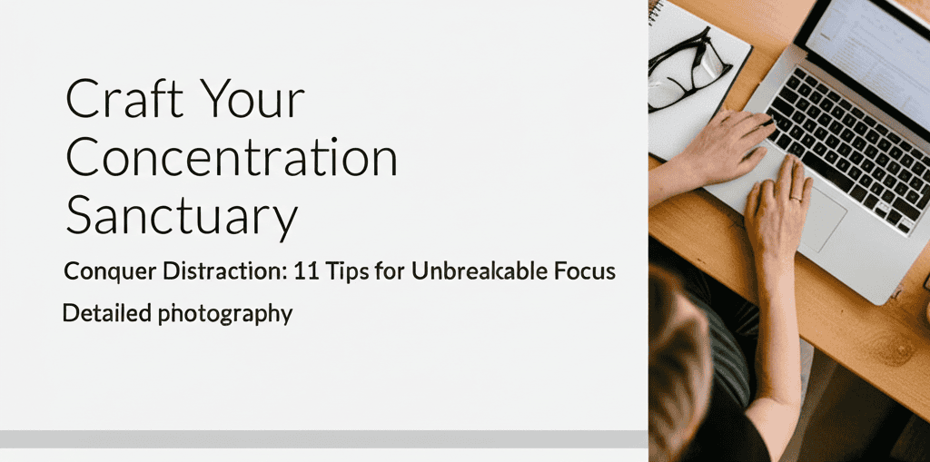 Premium realistic photo showing 1 Craft Your Concentration Sanctuary relating to Conquer Distraction 11 Tips for Unbreakable Focus detailed photogr...
